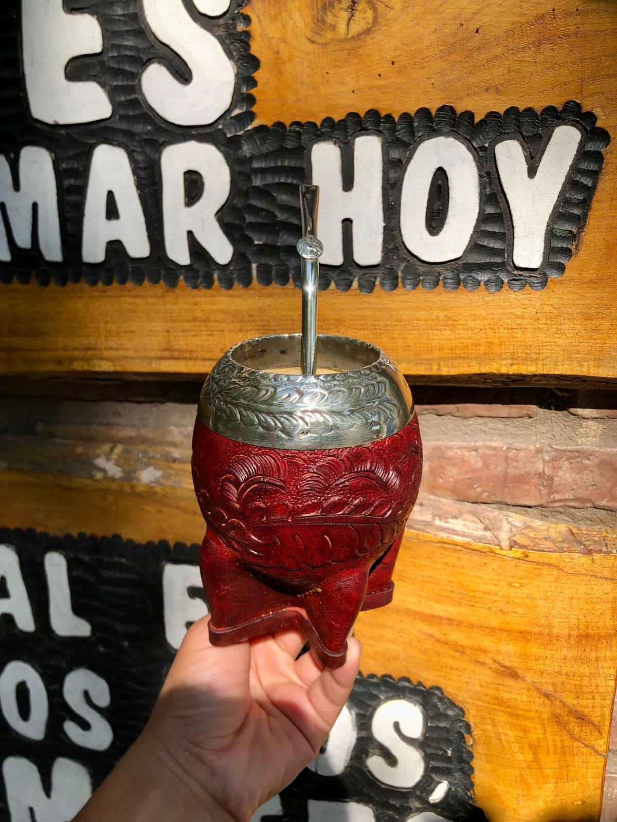 Mate torpedo Imperial marron virola cincelado alpaca cuero cincelado