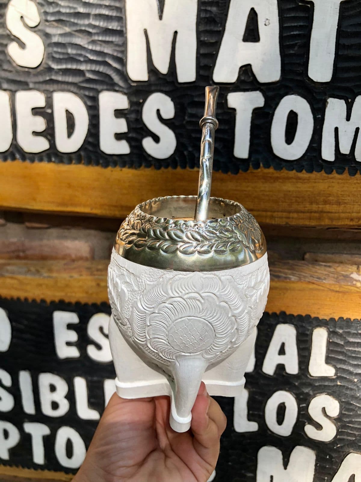 Mate torpedo Imperial BLANCO virola cincelado alpaca cuero cincelado